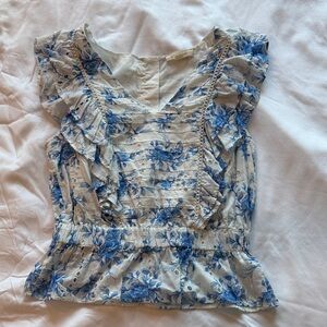 Forever That Girl for Anthropologie Floral Ruffle Sleeve Top - Blue and White